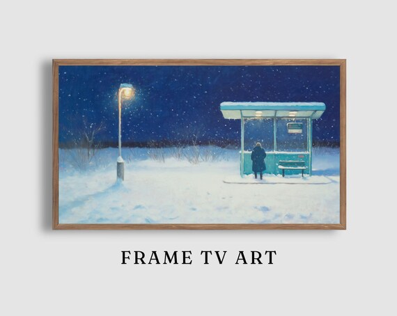 Lonely Snowy Night Bus Stop with a Glowing Lamp Under a Starry Sky Poster