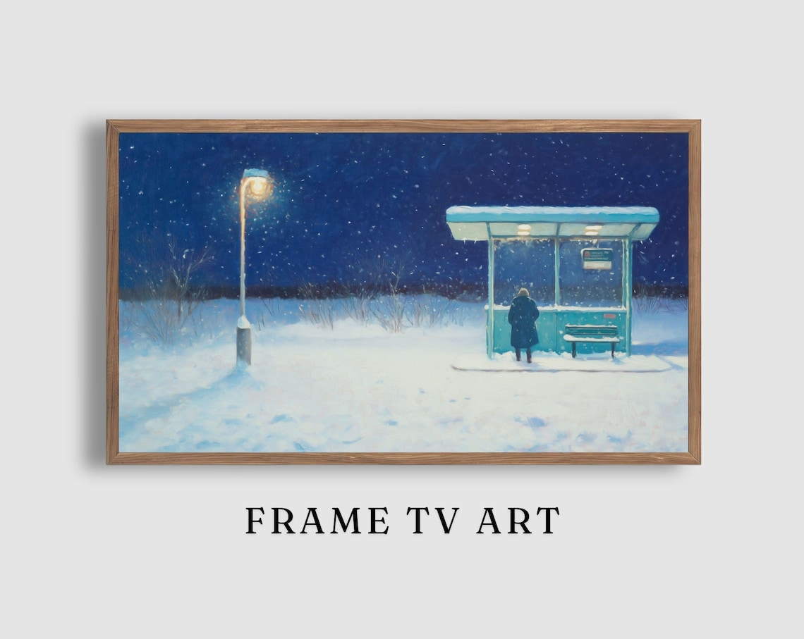 Lonely Snowy Night Bus Stop with a Glowing Lamp Under a Starry Sky Poster
