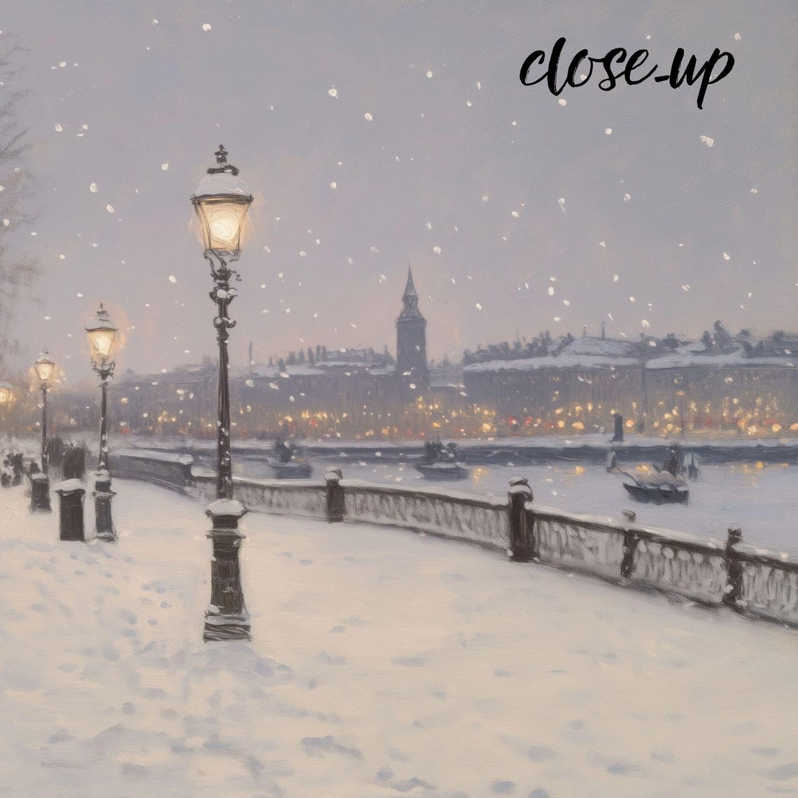 Snowy Riverside Promenade Lampposts Distant City Lights Poster - Image 3