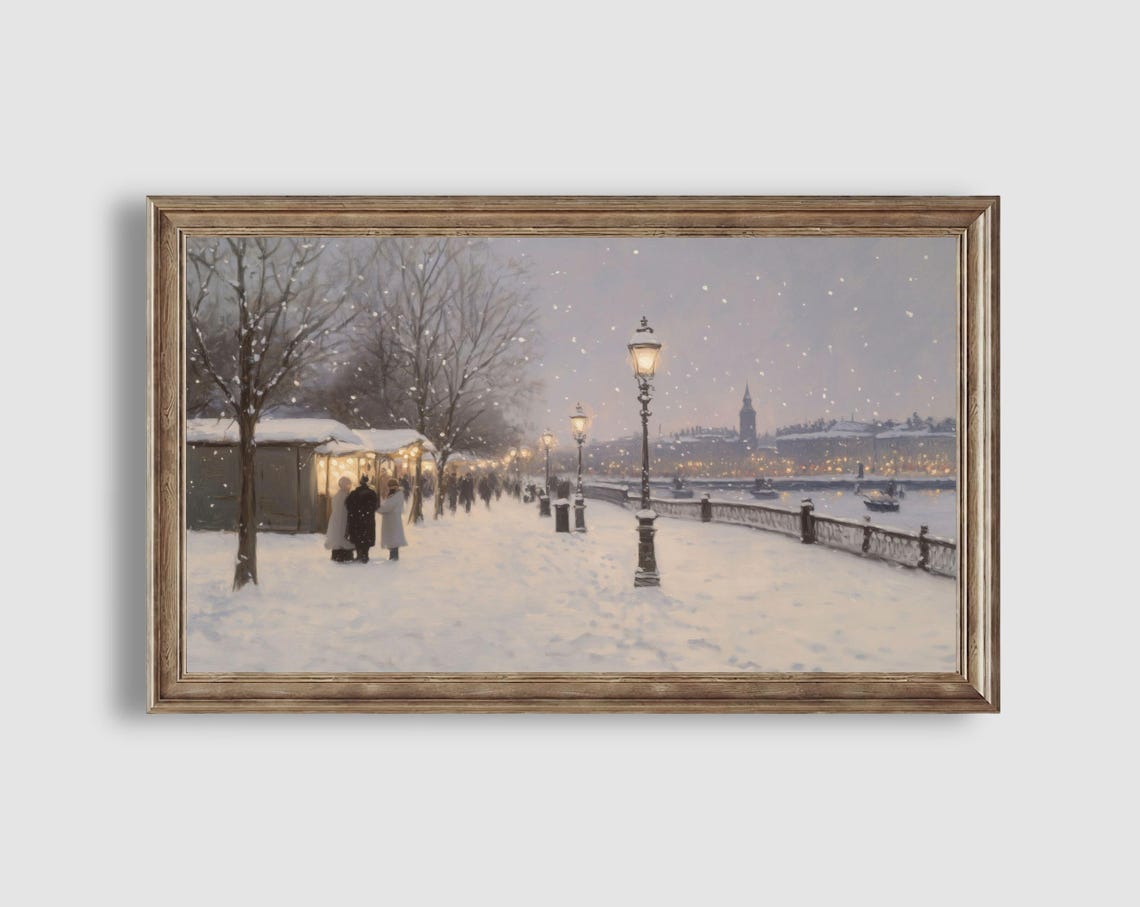 Snowy Riverside Promenade Lampposts Distant City Lights Poster - Image 2