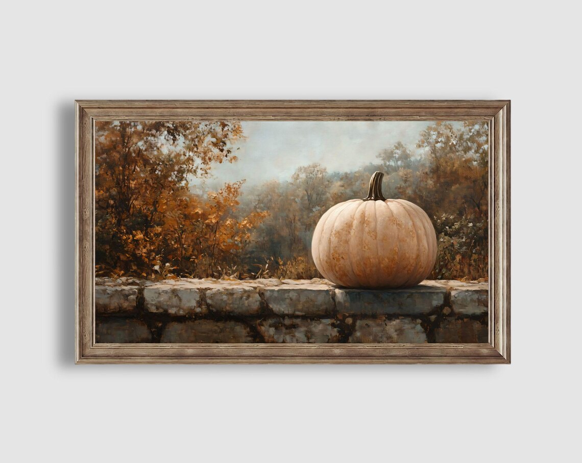 White Pumpkin on Rustic Stone Wall Autumn Forest Backdrop Still Life Art Poster - Image 2