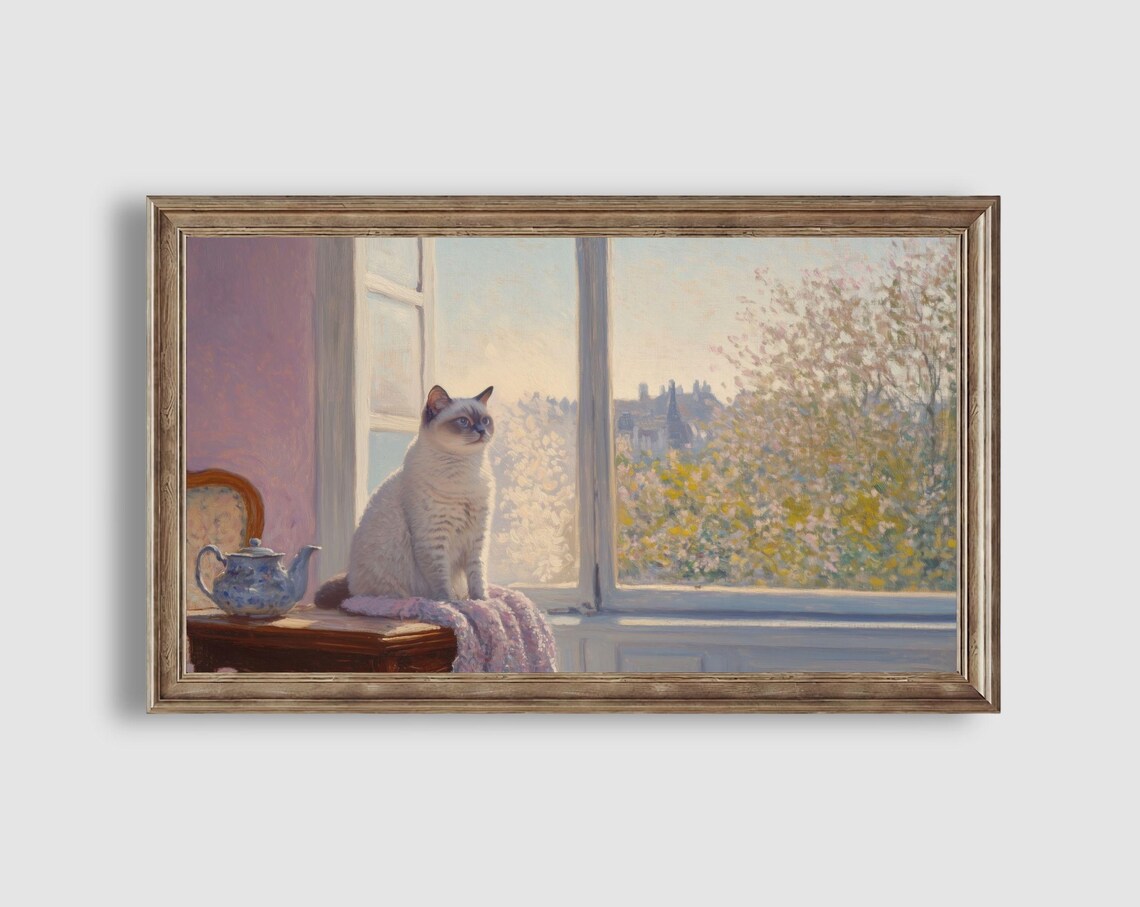 Cream Colorpoint Cat Sitting by a Sunny Window with a Blue Teapot Painting Poster - Image 2
