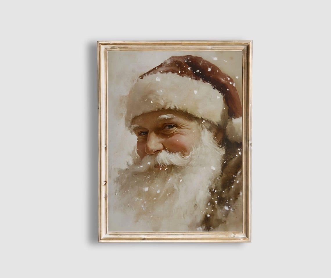 Vintage Santa Claus Portrait Snowfall White Beard Christmas Wall Art
