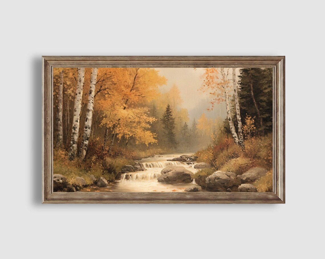 Autumn Creek Birch Trees Rocks Rapids Rustic Woodland Stream Art Poster - Image 2