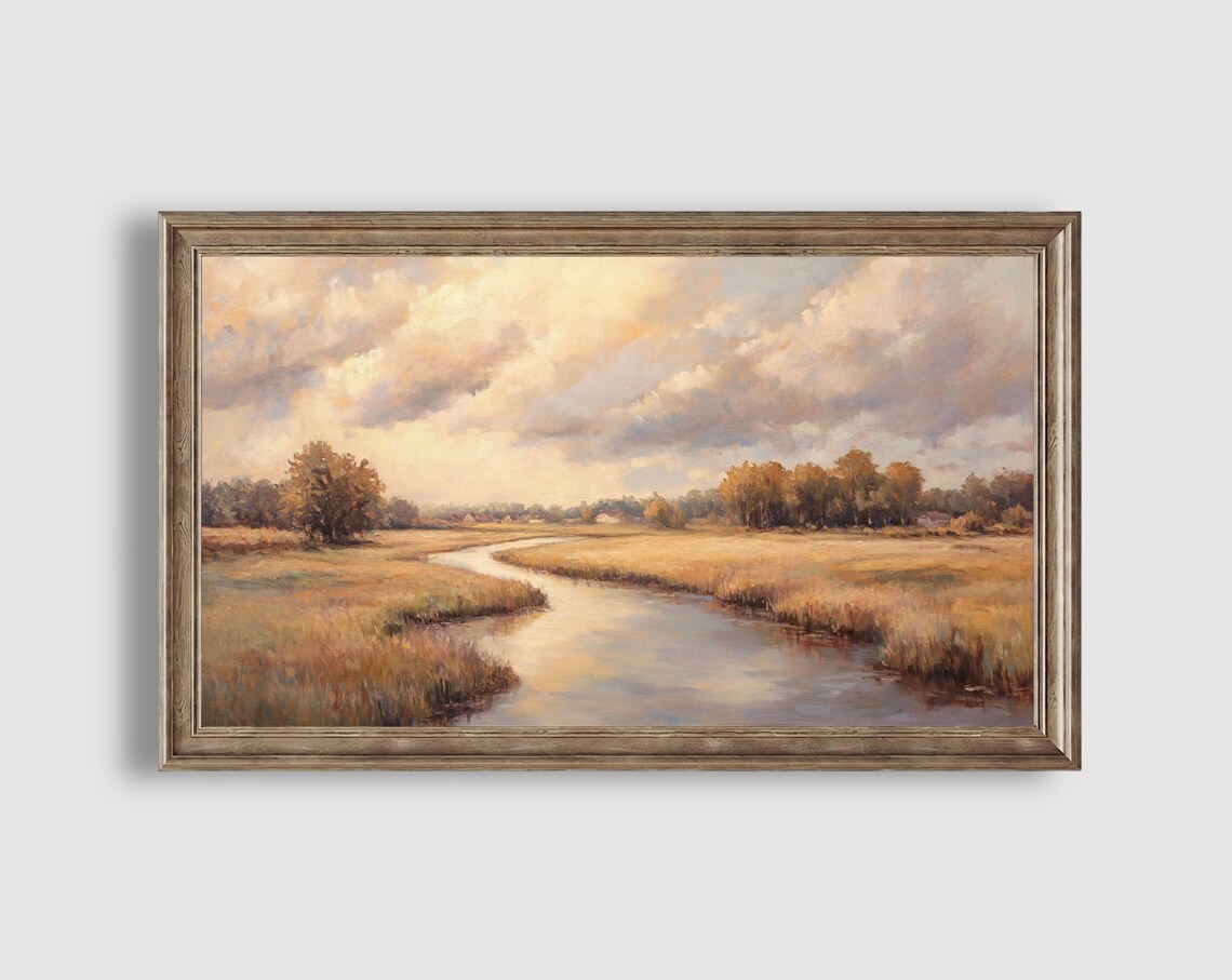 Golden Autumn River Winding Through Misty Pastoral Meadows Painting Poster - Image 2