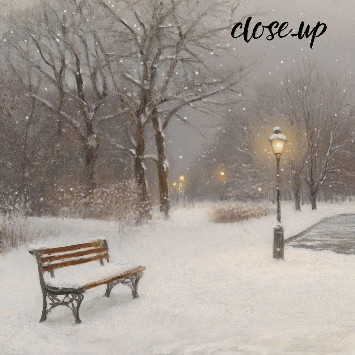 Snowy Winter Park Bench Lamppost Falling Snow Landscape Poster - Image 4