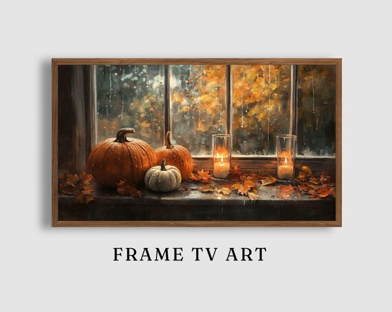 Autumn Pumpkins on Rainy Window Cozy Fall Frame TV Art Poster