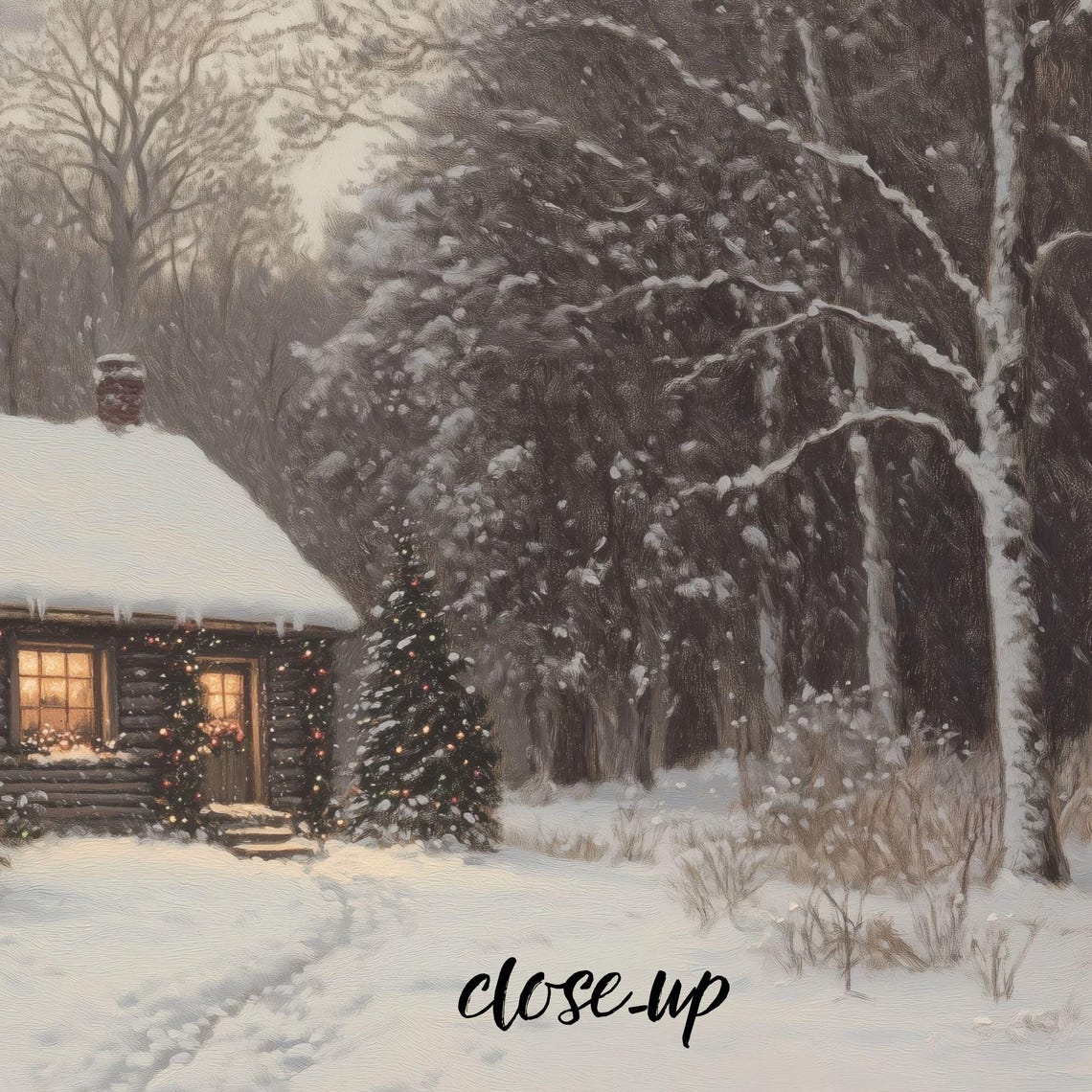 Cozy Log Cabin Christmas Trees Smoking Chimney Winter Night Poster - Image 3