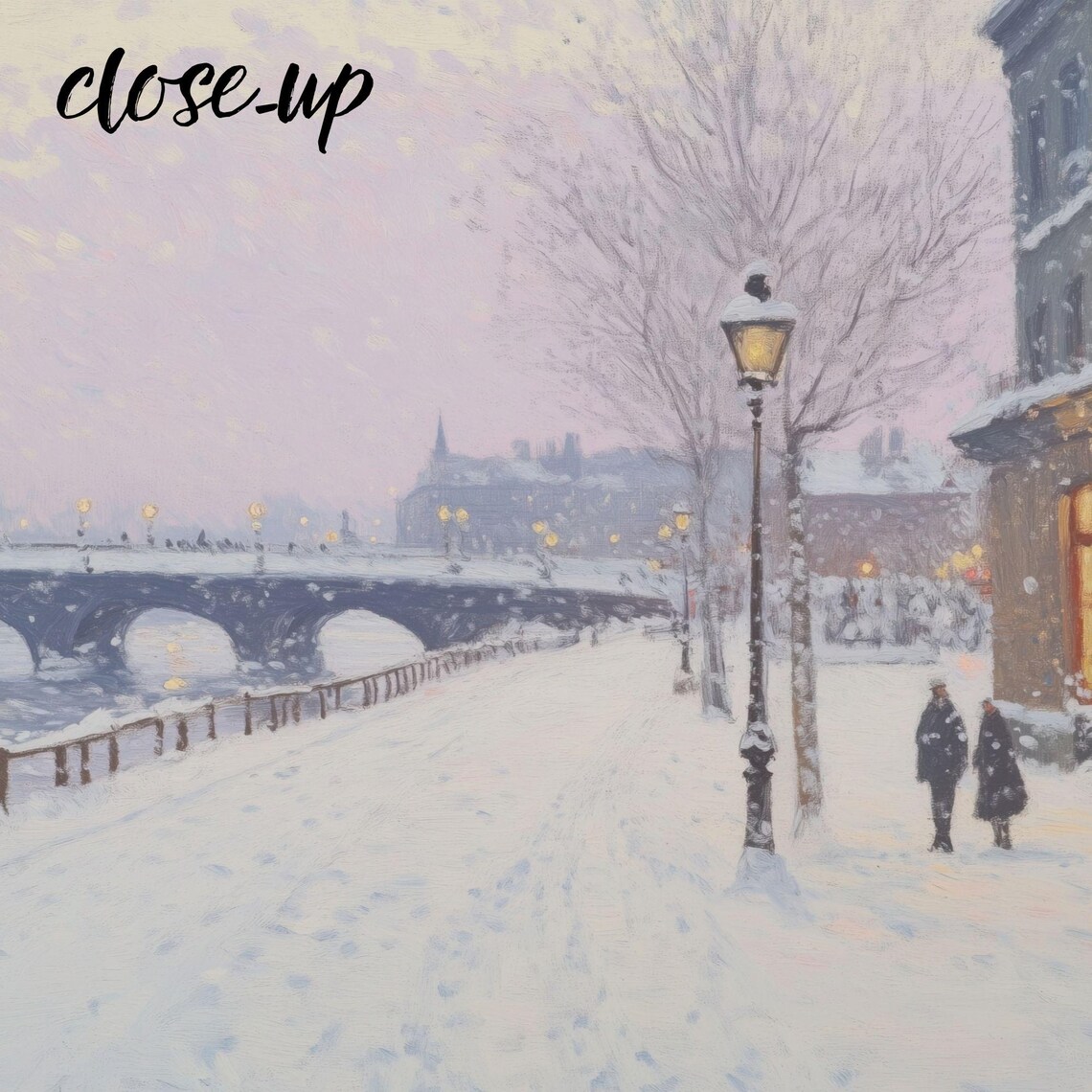 Snowy Riverside Quay with Arched Bridge and Lampposts at Dusk Painting Poster - Image 3