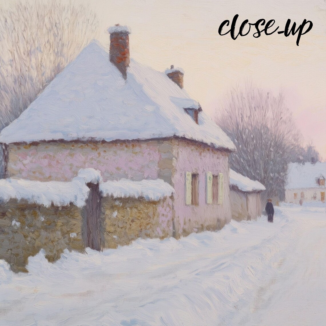 Snowy Village Lane with Pink Stone Cottages at Rosy Winter Dawn Painting Poster - Image 4