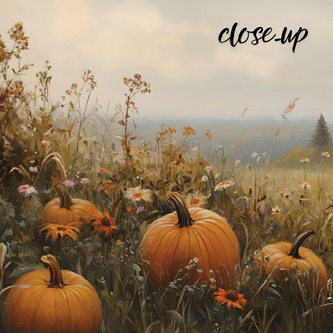Autumn Pumpkins and Wildflowers Resting in a Misty Golden Meadow Painting Poster - Image 4