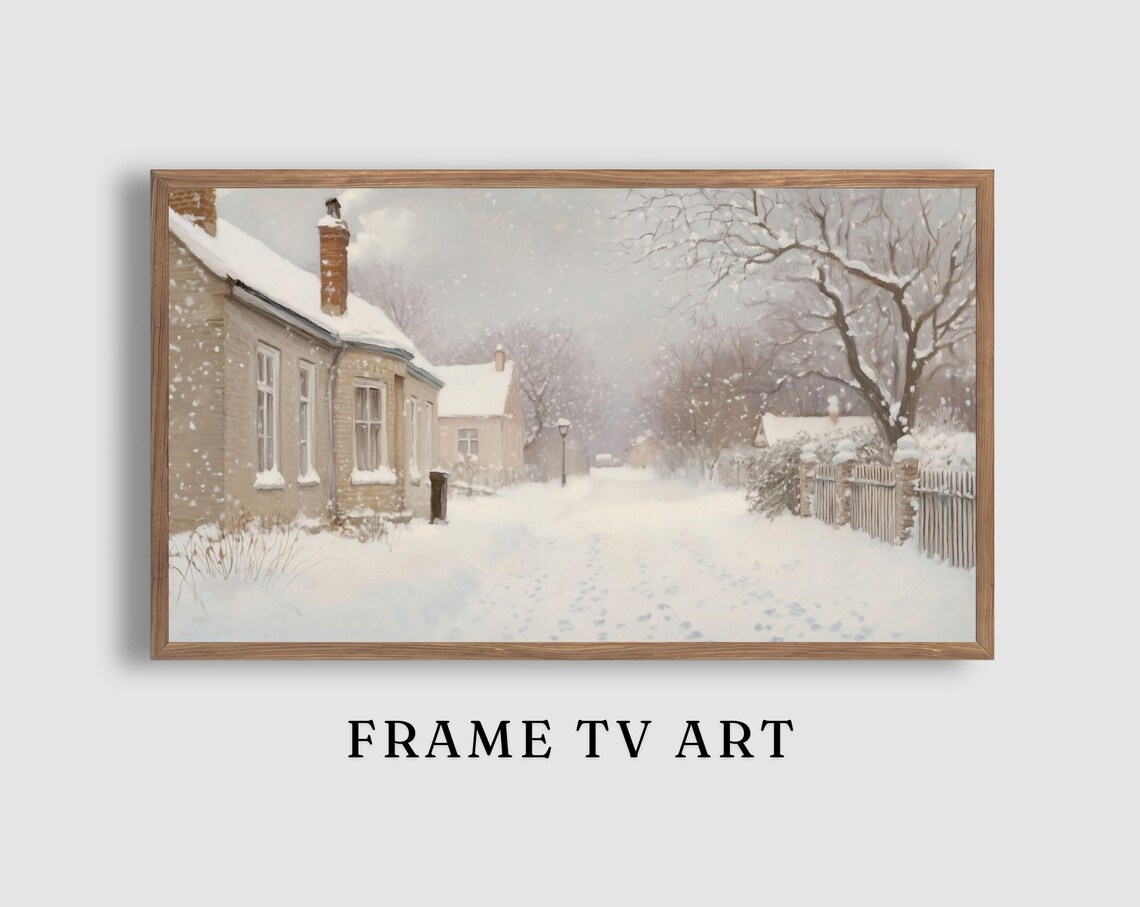 Snowy Village Lane Brick Cottages Picket Fence Winter Scene Poster