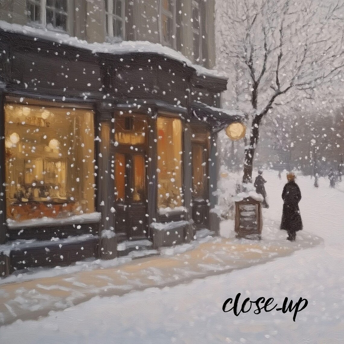 Snowy Winter City Street with Glowing Shop Windows and Falling Snow Poster - Image 4