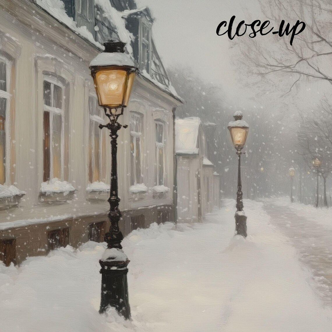 Snowy Lamplit Street Falling Snow Old Town Winter Walk Poster - Image 4