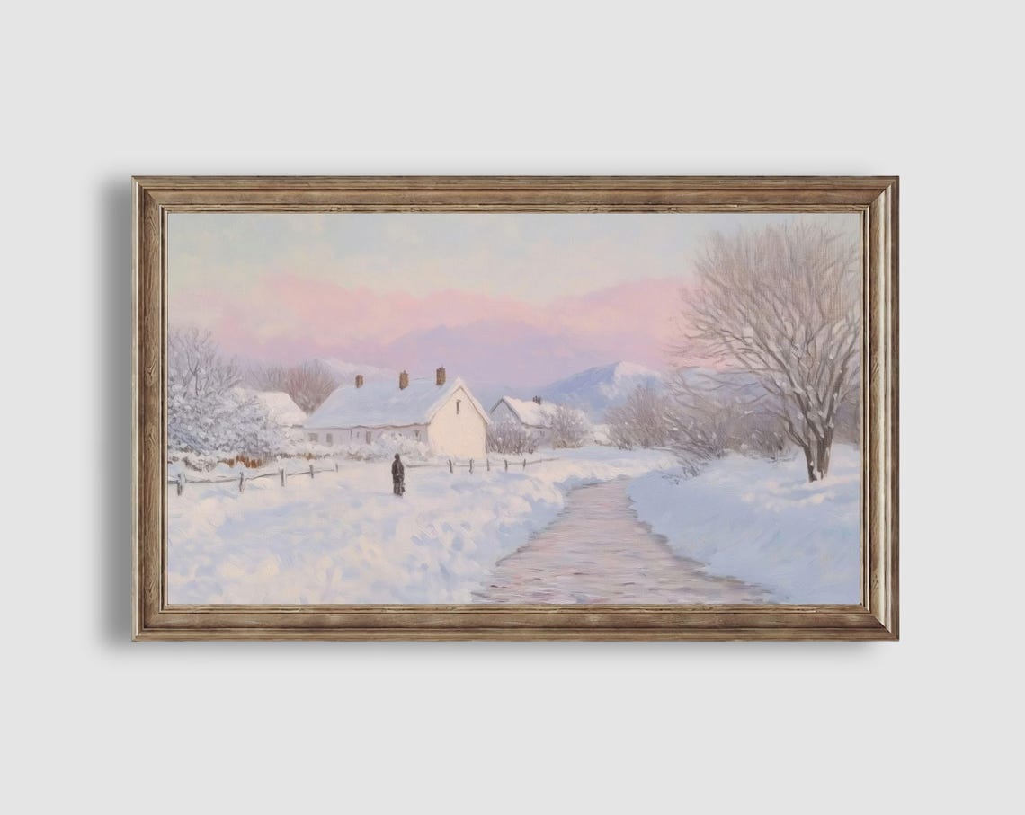 Snowy Cottage Village Winter Sunrise Rustic Landscape Poster - Image 2