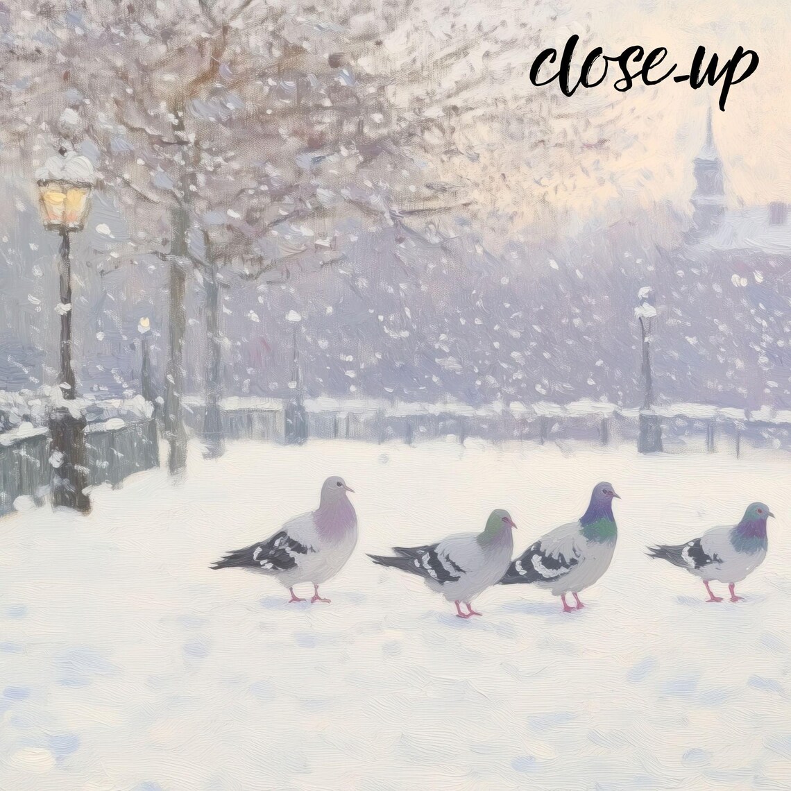 Pigeons Gathering on a Snowy Park Path with Lampposts in Winter Painting Poster - Image 4