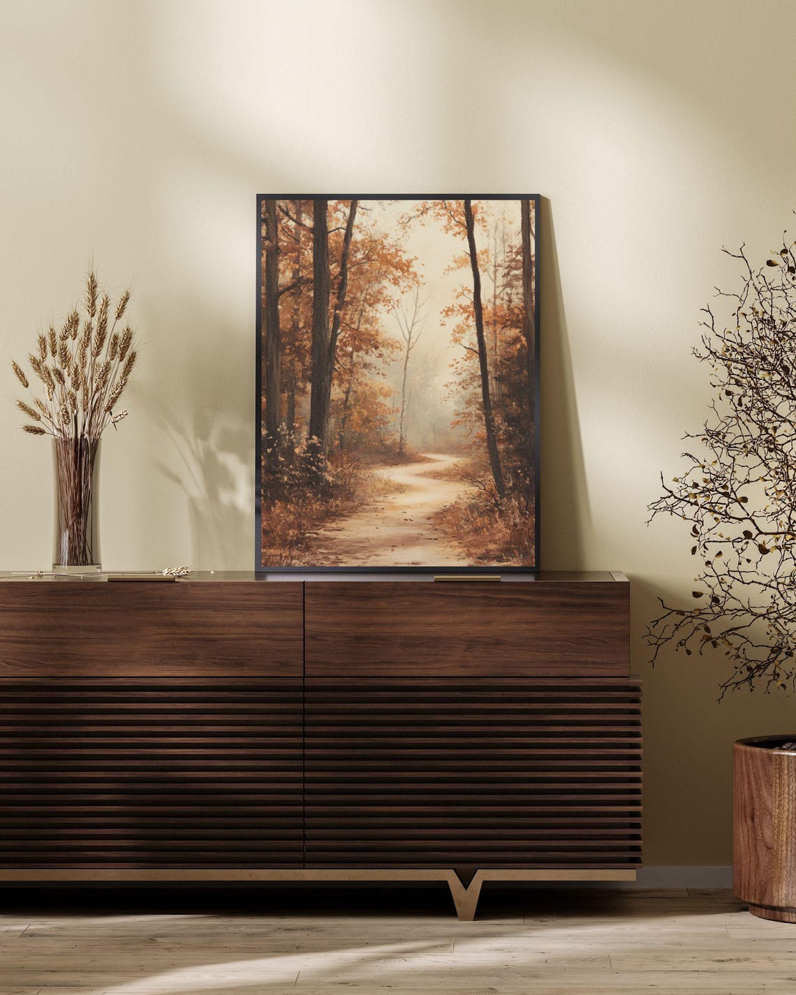 Sunlit Autumn Forest Path Tall Trees Warm Vintage Trail Art Poster - Image 3
