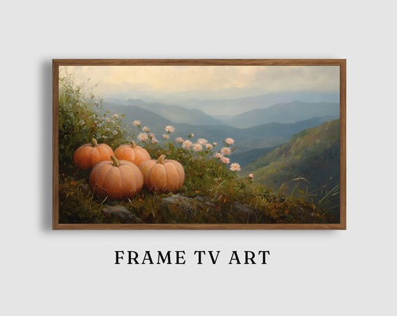 Pumpkins on Rocky Hillside Overlooking Mountain Valley View Poster