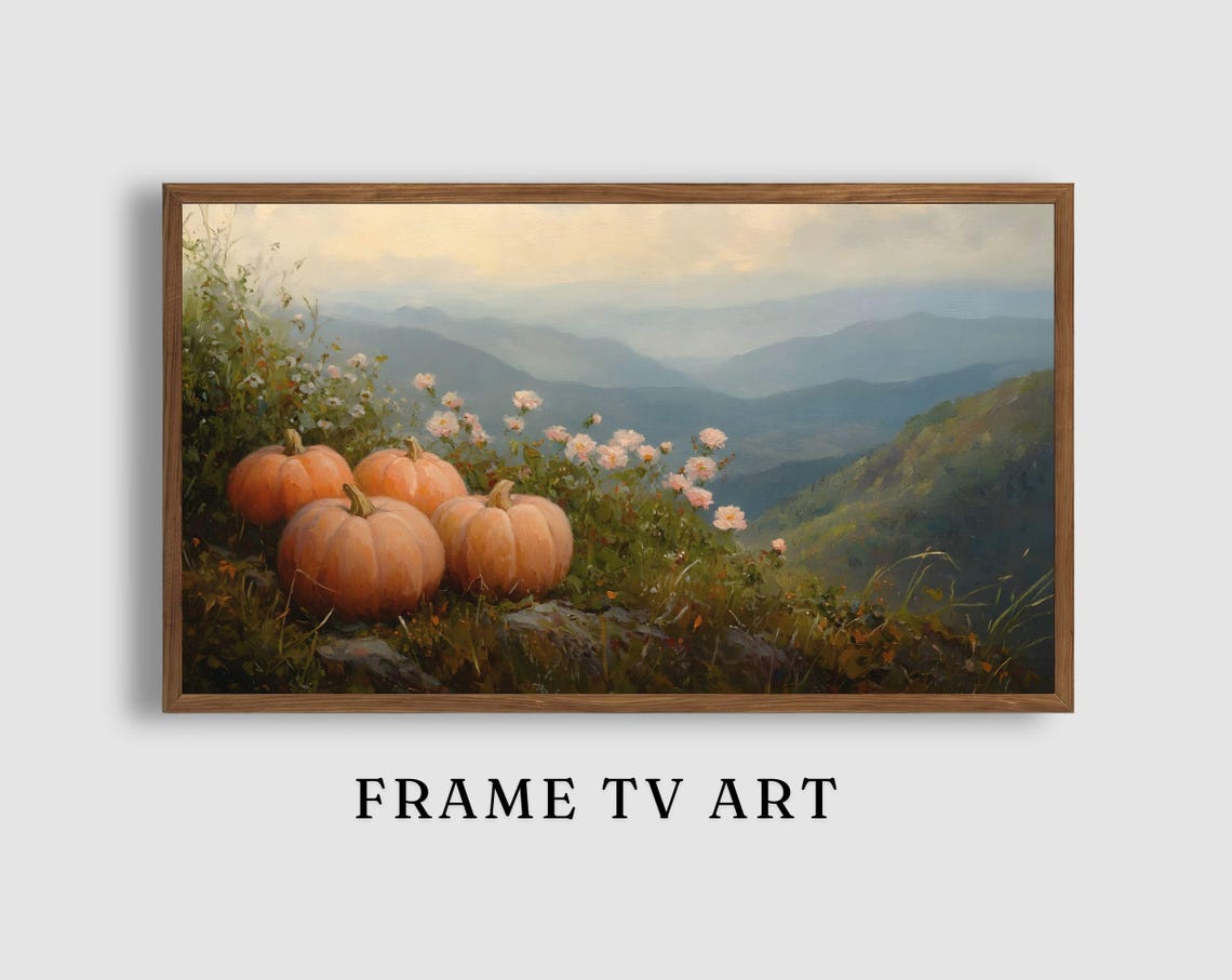 Pumpkins on Rocky Hillside Overlooking Mountain Valley View Poster