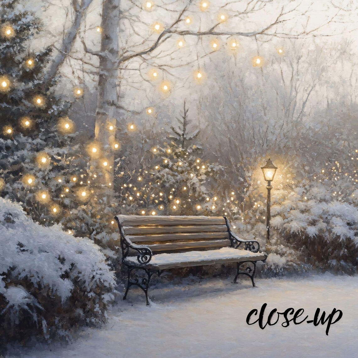 Snowy Park Bench Twinkle Lights Winter Night Garden Landscape Art Poster - Image 4