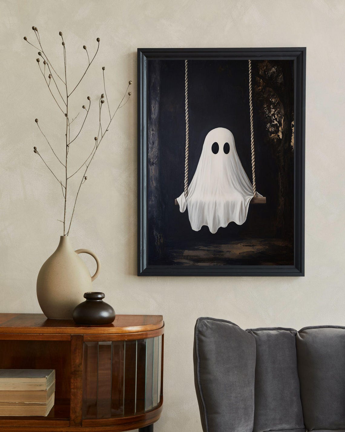 Cute Ghost Sitting on Swing Dark Moody Halloween Painting Poster - Image 2