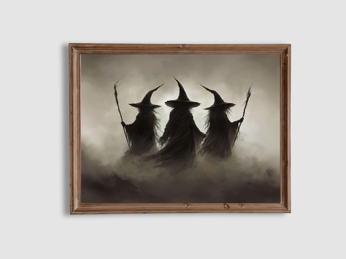 Three Witches Silhouette Standing in Foggy Night Spooky Halloween Poster