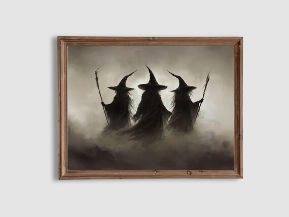Three Witches Silhouette Standing in Foggy Night Spooky Halloween Poster