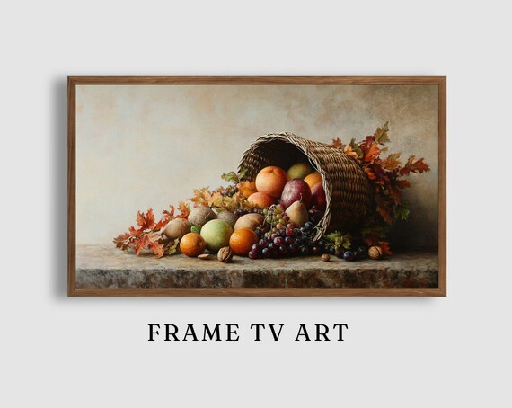Cornucopia Harvest Still Life Autumn Fruit Grapes and Leaves Art Poster
