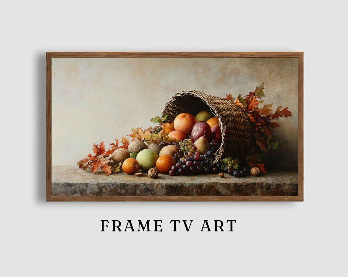Cornucopia Harvest Still Life Autumn Fruit Grapes and Leaves Art Poster