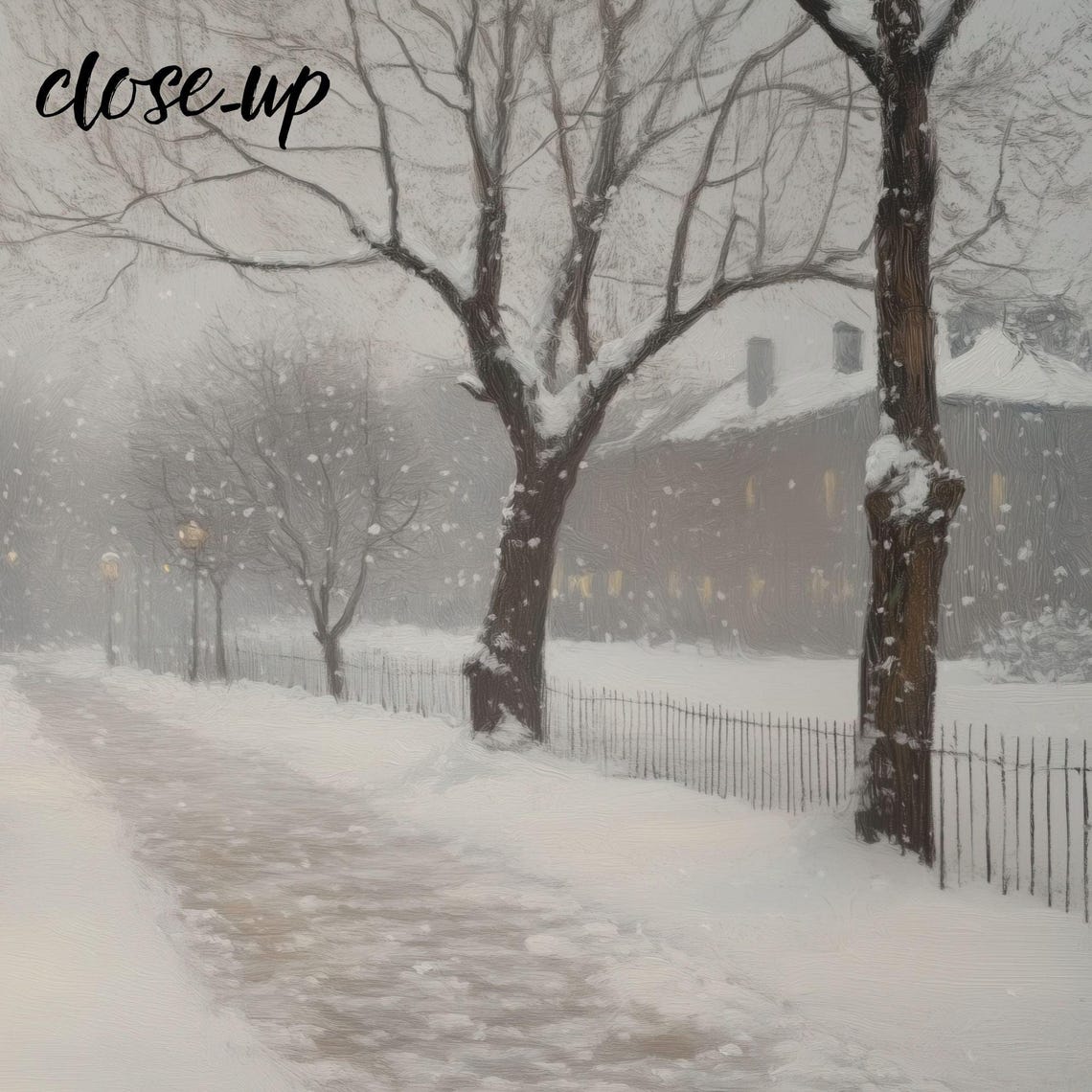 Snowy Lamplit Street Falling Snow Old Town Winter Walk Poster - Image 3