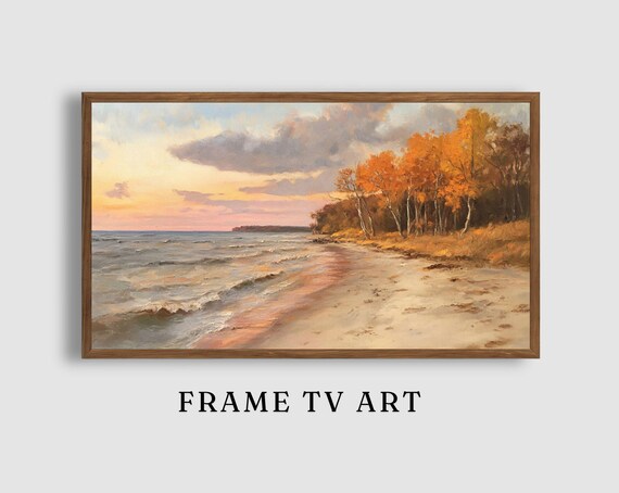 Autumn Beach Sunset with Golden Trees Coastal Landscape Painting Poster