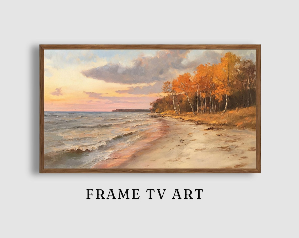 Autumn Beach Sunset with Golden Trees Coastal Landscape Painting Poster