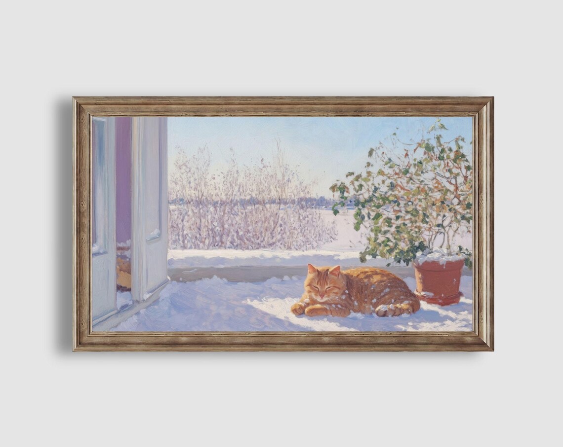 Orange Tabby Cat Sleeping on a Snowy Sunlit Porch by the Open Door Poster - Image 2