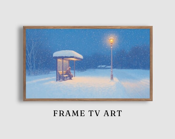 Warmly Lit Bus Shelter in Falling Snow at Night with a Lonely Traveler Poster
