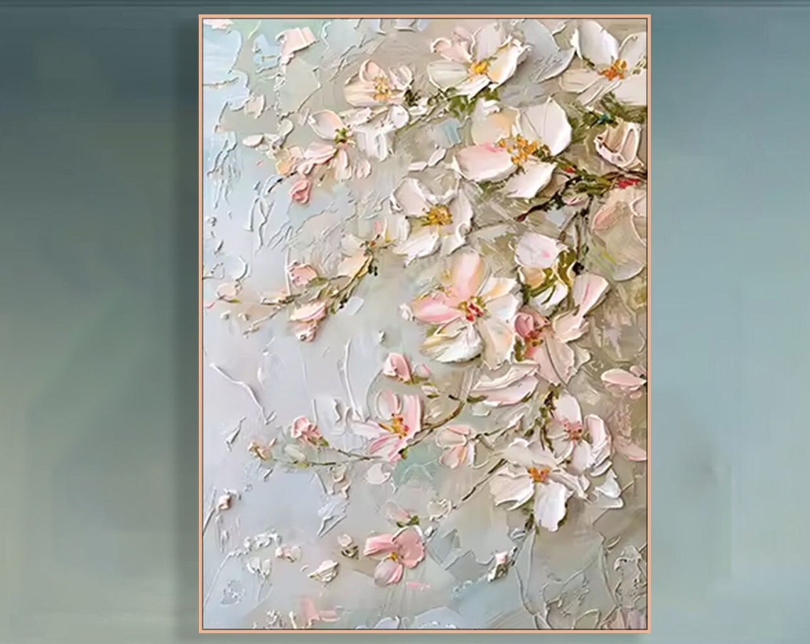 Pink Cherry Blossom Branches Textured Cream Impasto Spring Art Poster