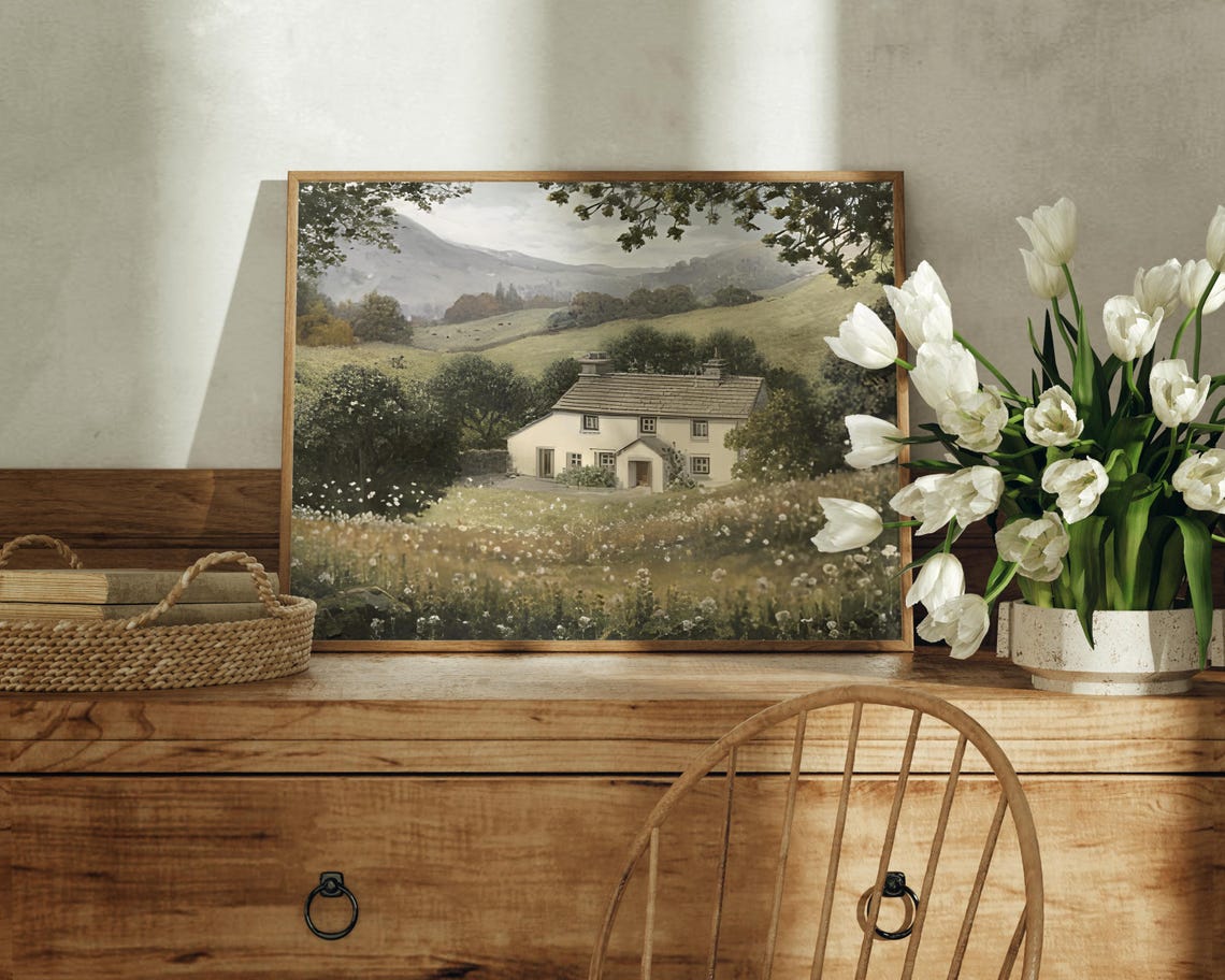 White Cottage Rolling Hills Wildflower Meadow Vintage Art Poster - Image 5