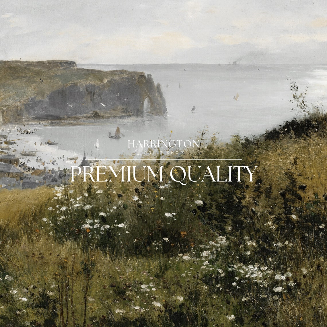 Coastal Cliffs Harbor Town Wildflower Field Vintage Art Poster - Image 5