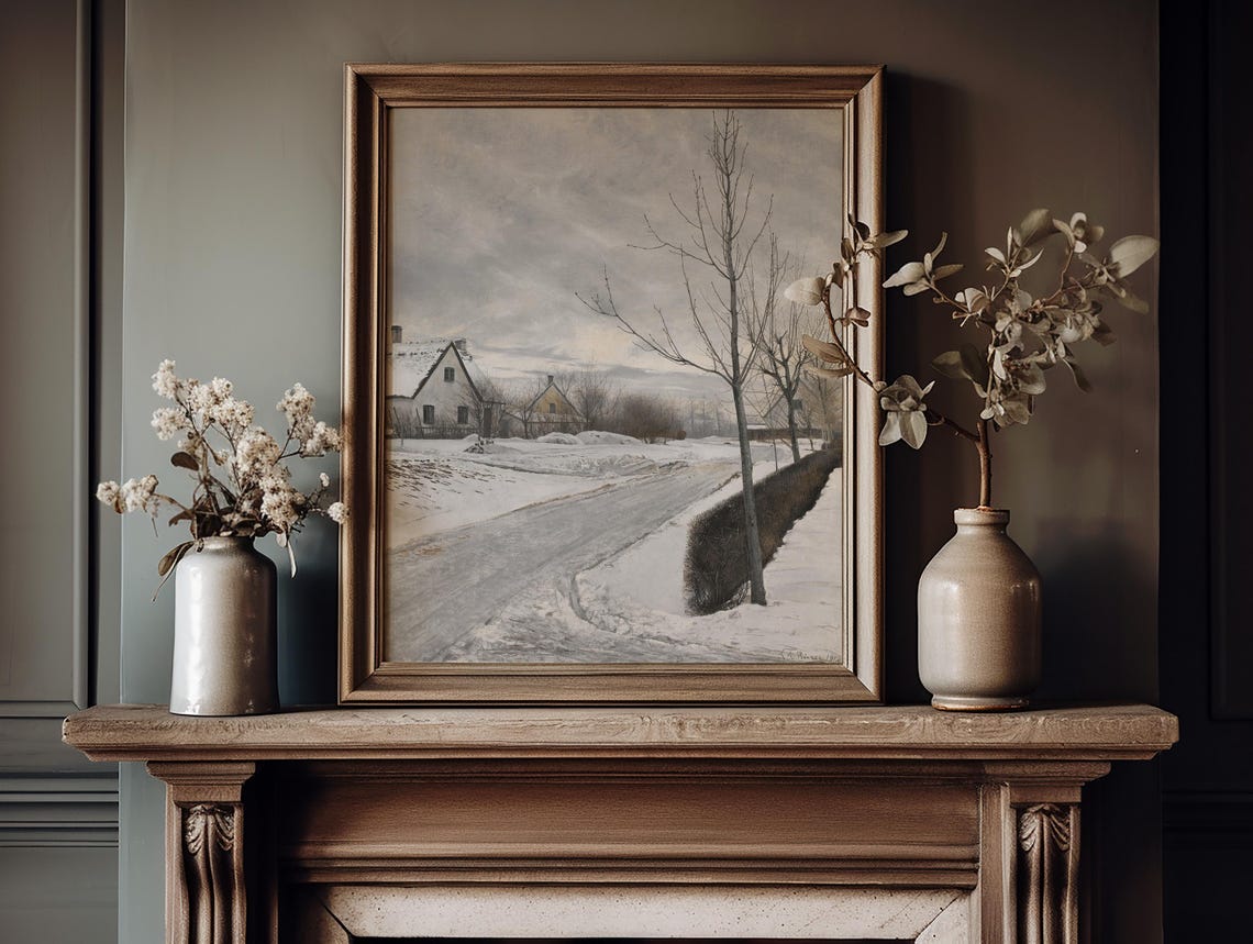 Snowy Village Road Bare Trees Winter Vintage Landscape Art Poster - Image 5