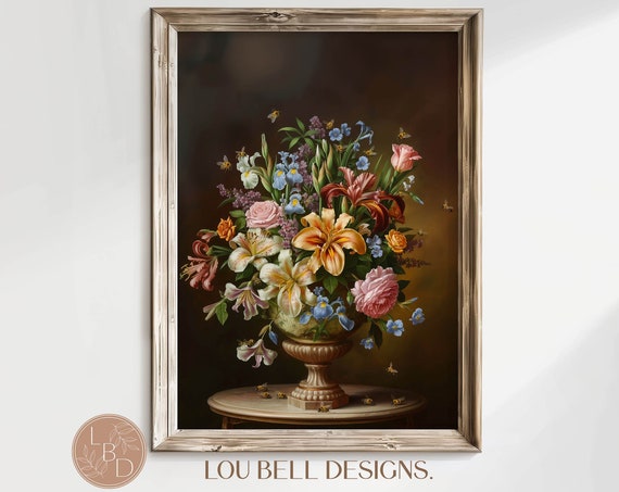 Dark Floral Moody Vase Farmhouse Print Botanical Antique Wall Art Whimsigoth Flower Painting Dark Cottagecore Bumble Bee Floral Dcor Fv1