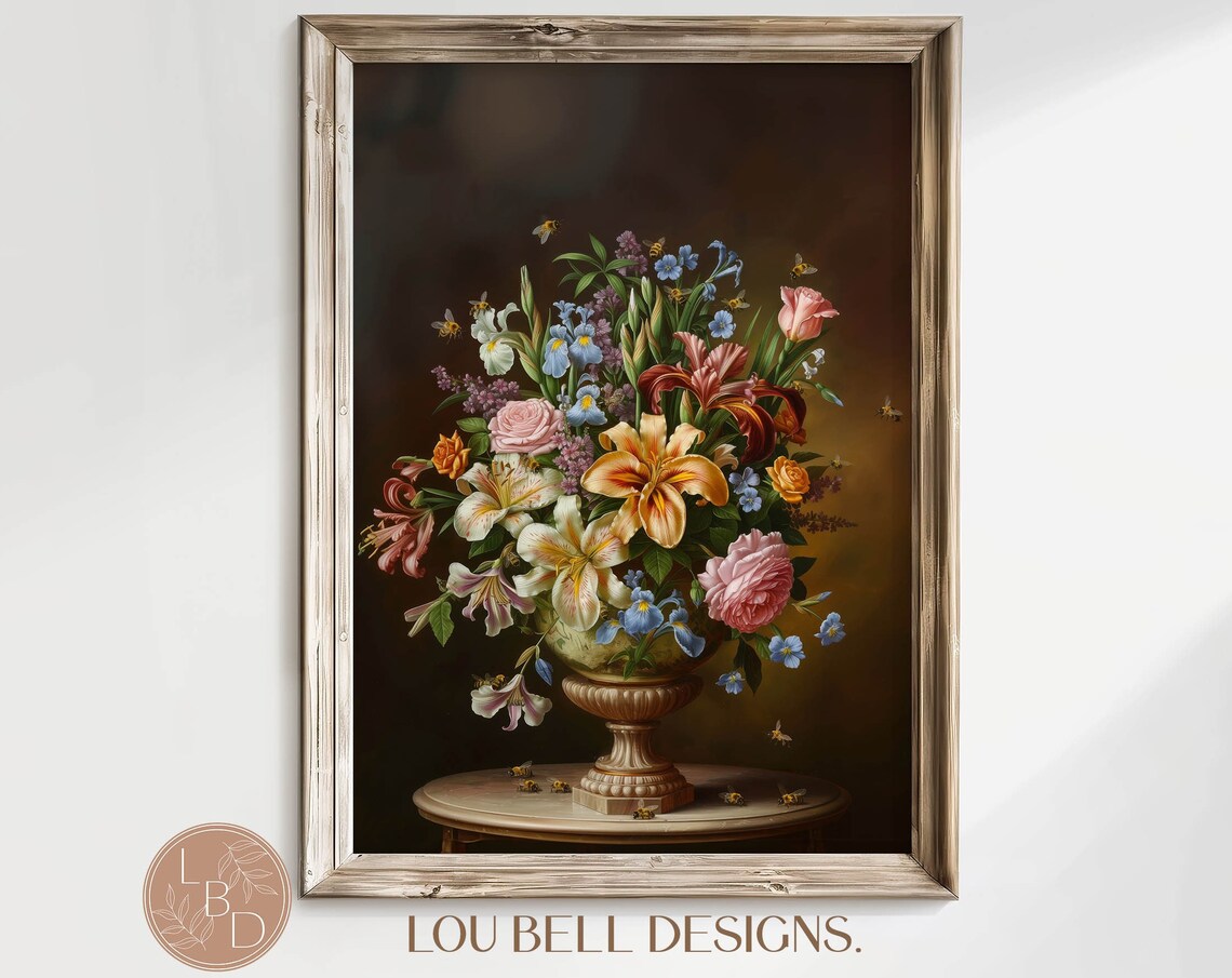 Dark Moody Floral Still Life Lush Bouquet Bumblebee Vintage Poster