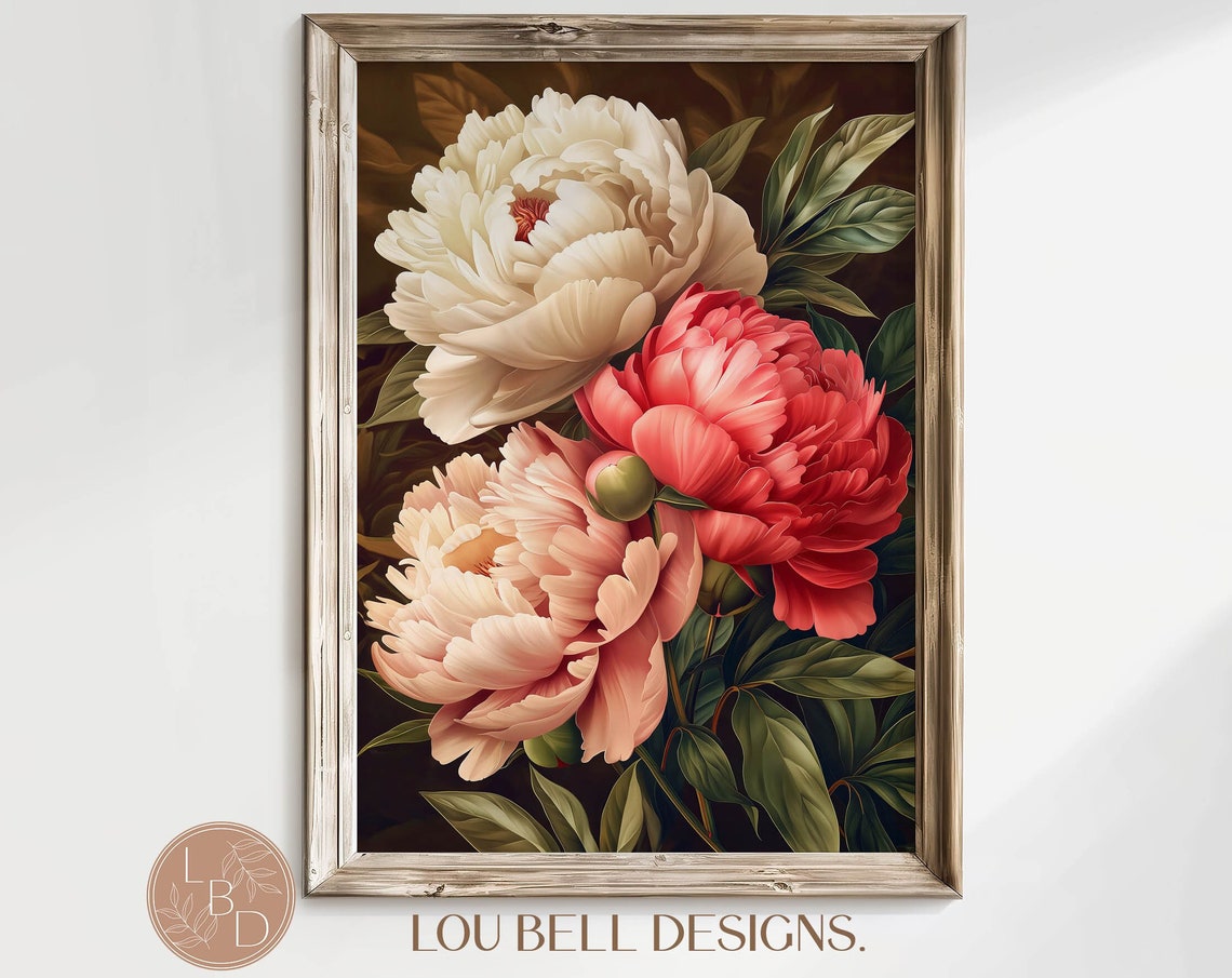 Three Large Peony Flowers Cream Coral Red Dark Painterly Floral Poster