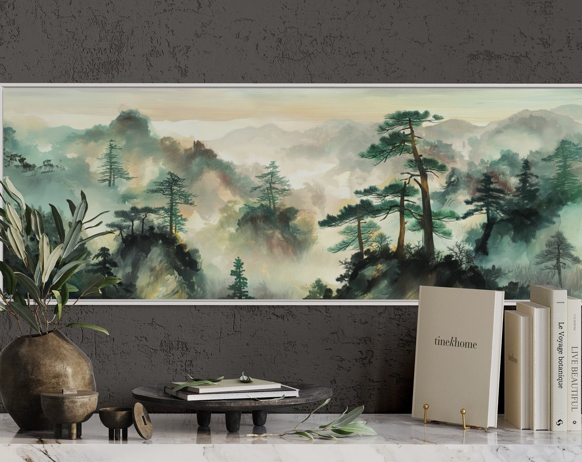 Misty Pine Mountain Forest Foggy Valleys Ink Wash Style Poster