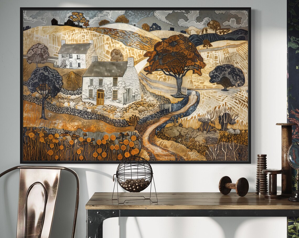 Rustic English Village Stone Cottages Golden Fields Countryside Poster