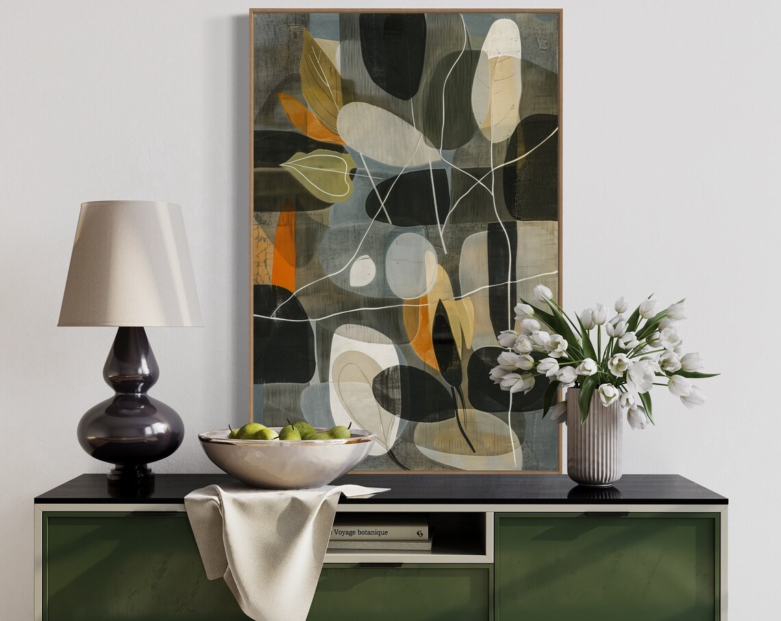 Boho Earth Tone Leaves Abstract Shapes Mid Century Modern Art Print