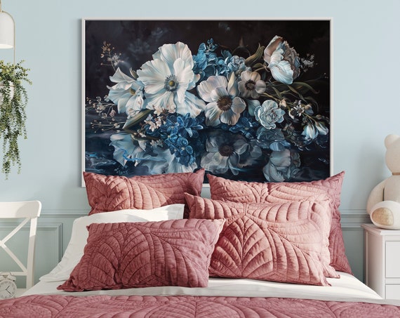 Moody White And Blue Wildflowers Dark Academia Floral Still Life Bouquet Baroque Painting Print For Elegant Home Decore