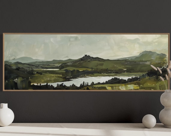 Rolling Hills Resplendence Atmospheric Castle Silhouette Over Mountain Lake Panoramic Landscape Art For Modern Home Decore
