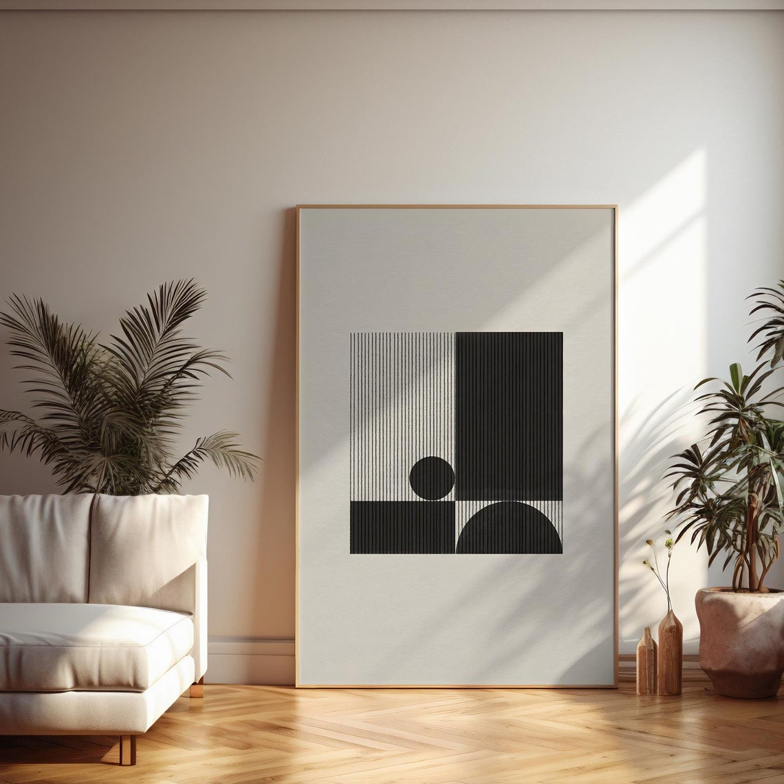 Mid Century Modern Black Geometric Lines Abstract Square Art Print
