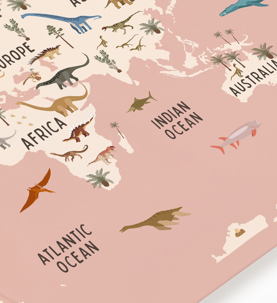 Dinosaur World Map Pink Nursery Dinosaurs Kids Room Wall Art - Image 4
