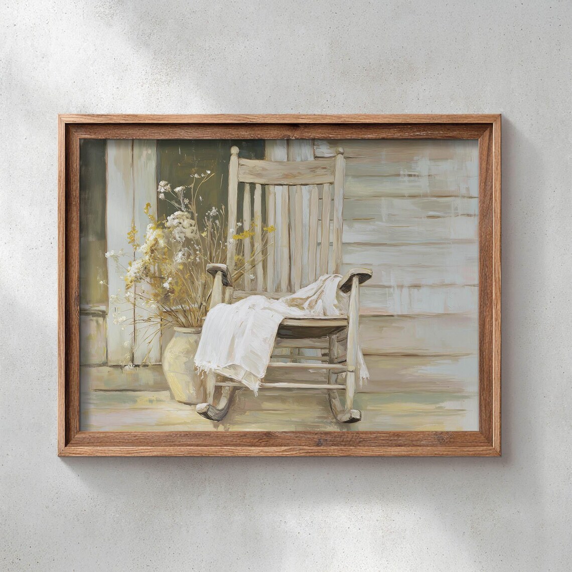 Rustic Rocking Chair White Throw Wildflowers Farmhouse Porch Wall Art