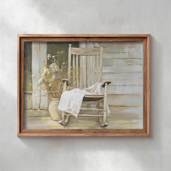 Printed Rustic Rocking Chair On Farmhouse Porch Cottage Decor Cream Tan Sage Vintage Country Oil Painting Style Living Room Art 0506